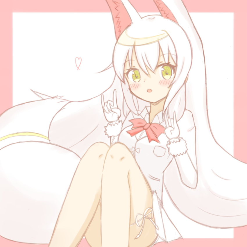 1girl animal_ears bangs blonde_hair blush bow collared_shirt commentary_request double_fox_shadow_puppet dress_shirt eyebrows_visible_through_hair feet_out_of_frame fox_ears fox_girl fox_shadow_puppet fox_tail fur-trimmed_sleeves fur_trim gloves green_eyes hair_between_eyes hands_up heart highres jacket kemono_friends knees_together_feet_apart knees_up long_hair long_sleeves oinari-sama_(kemono_friends) parted_lips pink_background pleated_skirt red_bow shirt skirt solo sunanuko_(ramuneko) tail two-tone_background very_long_hair white_background white_gloves white_hair white_jacket white_shirt white_skirt