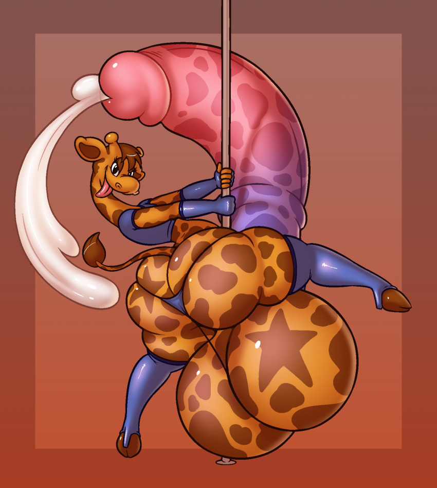 alternate_version_at_source anthro balls bedroom_eyes big_ball big_balls big_penis black_eyes bodily_fluids brown_hair clothing cum cumshot dancing ejaculation erection fingerless_gloves genital_fluids genitals geoffrey_the_giraffe giraffe giraffid gloves hair handwear hi_res hooves huge_balls huge_penis hyper hyper_balls hyper_genitalia hyper_penis leggings legwear looking_at_viewer looking_back male mammal mascot multicolored_body narrowed_eyes penis pole pole_dancing seductive solo spots spotted_body stripper_pole thong tongue tongue_out topwear toys_"r"_us two_tone_body underwear vest yowesephth