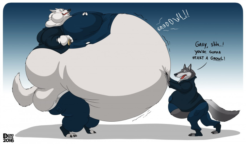 2016 anthro belly big_belly blush canid canine canis chubby_cheeks clothed clothing dessert dialogue dino.d.dice disney doughnut duo english_text fangs fat_rolls food fur gary_(zootopia) hand_on_stomach holding_doughnut holding_food holding_object hyper hyper_belly larry_(zootopia) male mammal morbidly_obese morbidly_obese_anthro morbidly_obese_male obese obese_anthro obese_male open_mouth overweight overweight_anthro overweight_male puffed_cheeks raised_tail rumbling_stomach side_view standing text tongue torn_clothing white_body white_fur wolf zootopia