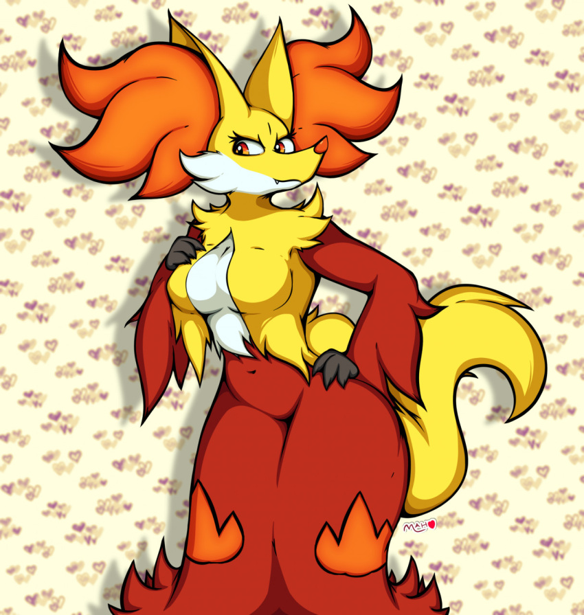 anthro breasts delphox fangs female hand_on_breast hand_on_hip hi_res inner_ear_fluff looking_at_viewer mahoxy mature_female navel nintendo pok&eacute;mon pok&eacute;mon_(species) red_eyes simple_background smile solo standing tuft video_games wide_hips