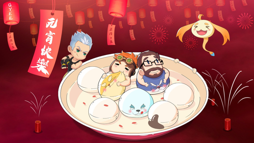 artist_request bernard_(gyee) blue_eyes blush brown_hair chang_(gyee) chibi chinese_new_year closed_eyes eating fireworks food glasses gloves goggles green_eyes grey_hair gyee highres lantern light_(gyee) logo miles_(gyee) new_year official_art orange_hair plate smile smirk tank_top thick_eyebrows turing_(gyee) vundo_(gyee) yang_(gyee)