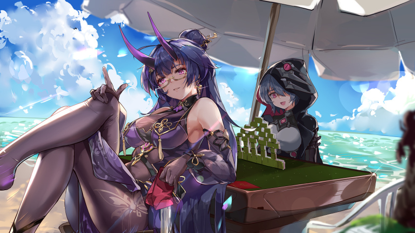 2girls bangs bare_shoulders beach_umbrella black_hair blue_sky breasts chair china_dress chinese_clothes cloud cloudy_sky dress glasses hair_over_one_eye highres honkai_(series) honkai_impact_3rd horns looking_at_viewer mahjong mahjong_tile multiple_girls outdoors ponytail purple_dress purple_eyes purple_hair purple_sleeves raiden_mei raiden_mei_(herrscher_of_thunder) raven_(honkai_impact_3rd) short_hair sitting sky table umbrella zombie-andy