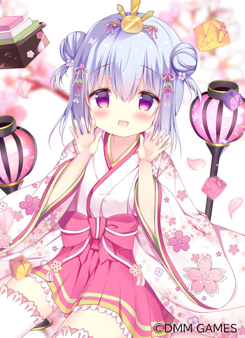 1girl :d azumi_kazuki blue_hair blurry blurry_background blush bow character_request commentary_request cube depth_of_field double_bun floral_print fruits_fulcute! hands_up highres hishimochi japanese_clothes kimono long_sleeves looking_at_viewer petals pink_bow pink_skirt pleated_skirt print_kimono purple_eyes saishi sidelocks sitting skirt smile solo thighhighs two_side_up white_kimono white_legwear wide_sleeves