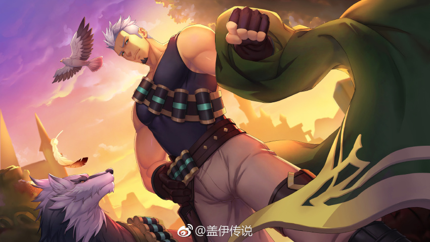 1boy artist_request beard belt bird cape cloud cum explosive facial facial_hair feathers gloves green_eyes grenade grey_hair gyee hawk highres logo male_focus manly miles_(gyee) muscular muscular_male official_art pants pectoral_cleavage pectorals smile solo sunset tank_top thick_arms tight wolf