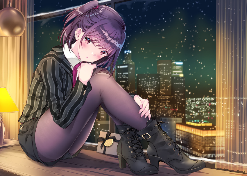 1girl black_shorts blush boots box building cityscape collared_shirt commentary_request cuff_links curtains desk feet_on_table gift gift_box hair_tie hand_on_own_knee hand_on_own_leg high_heel_boots high_heels highres hugging_own_legs jacket kobayashi_chisato lamp lampshade lights looking_at_viewer nail_polish necktie night night_sky on_desk original pantyhose parted_lips pink_nails purple_hair purple_necktie shirt shoe_belt shoelaces short_hair shorts side_ponytail sitting sky snowing solo striped striped_jacket thighs tied_hair window