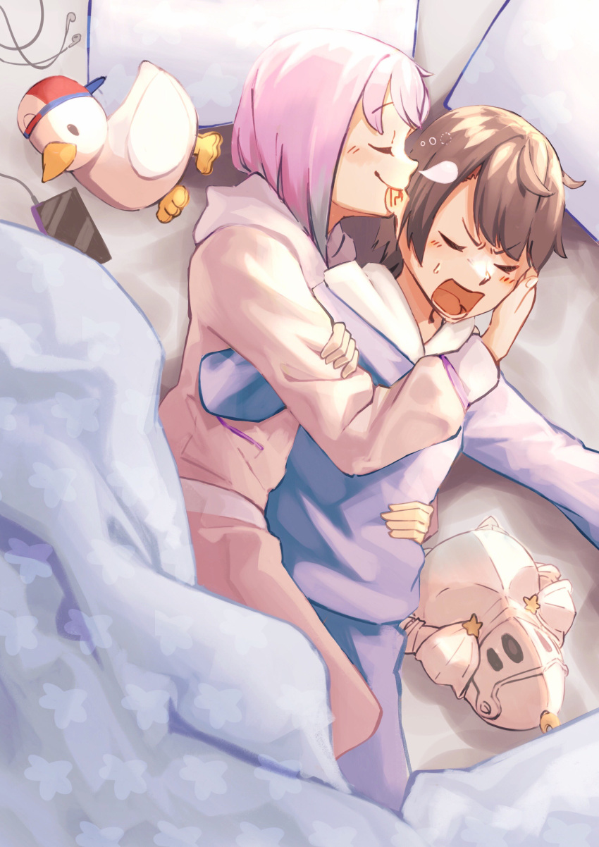 2girls absurdres bangs bed blanket blue_pajamas brown_hair closed_eyes cosplay cuddling earbuds earphones gradient_hair haruno_(user_ajkf5285) highres himemori_luna himemori_luna_(cosplay) hololive lying multicolored_hair multiple_girls nose_bubble on_side oozora_subaru pajamas phone pillow pink_hair pink_pajamas purple_hair short_hair sleeping spooning stuffed_animal stuffed_toy subaru_duck swept_bangs virtual_youtuber