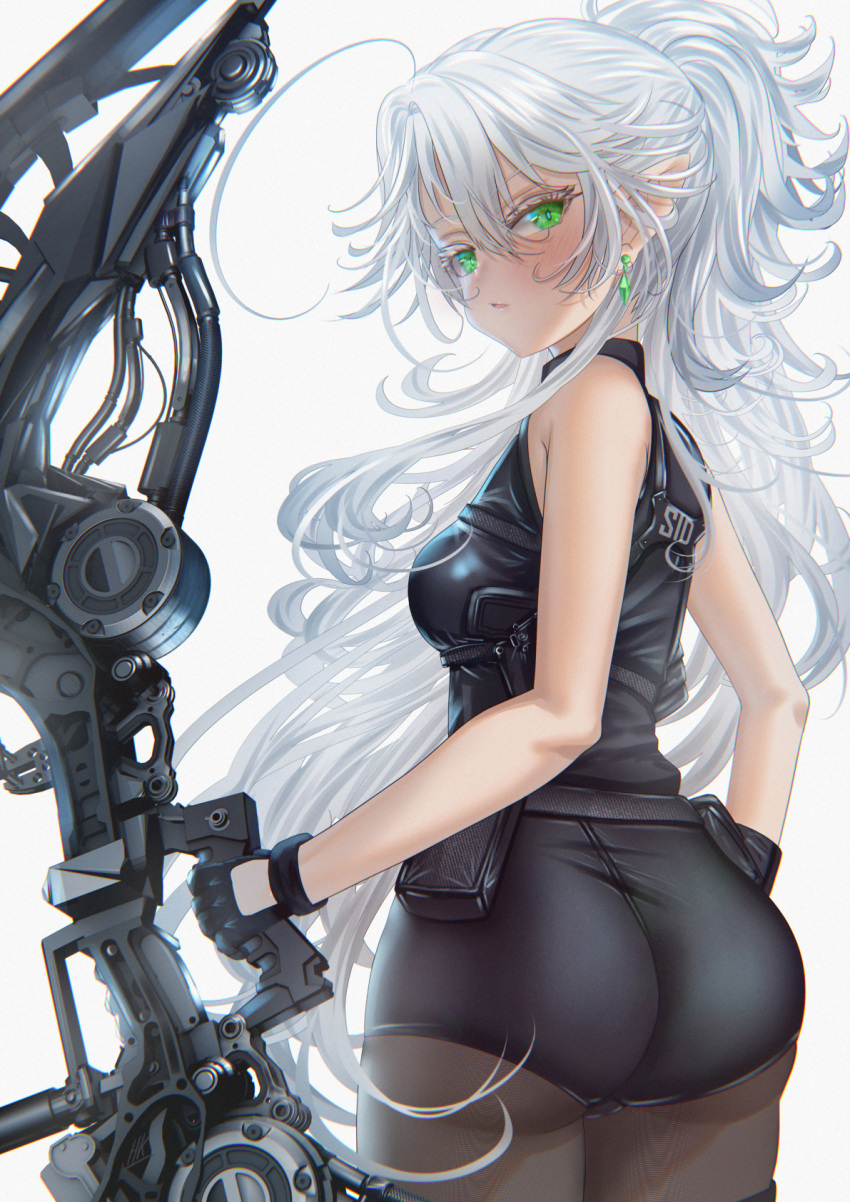 1girl archery ass bow_(weapon) breasts earrings elf gloves green_eyes highres holding holding_weapon jewelry kein_hasegawa long_hair looking_at_viewer looking_back original pantyhose pointy_ears science_fiction silver_hair tight very_long_hair weapon