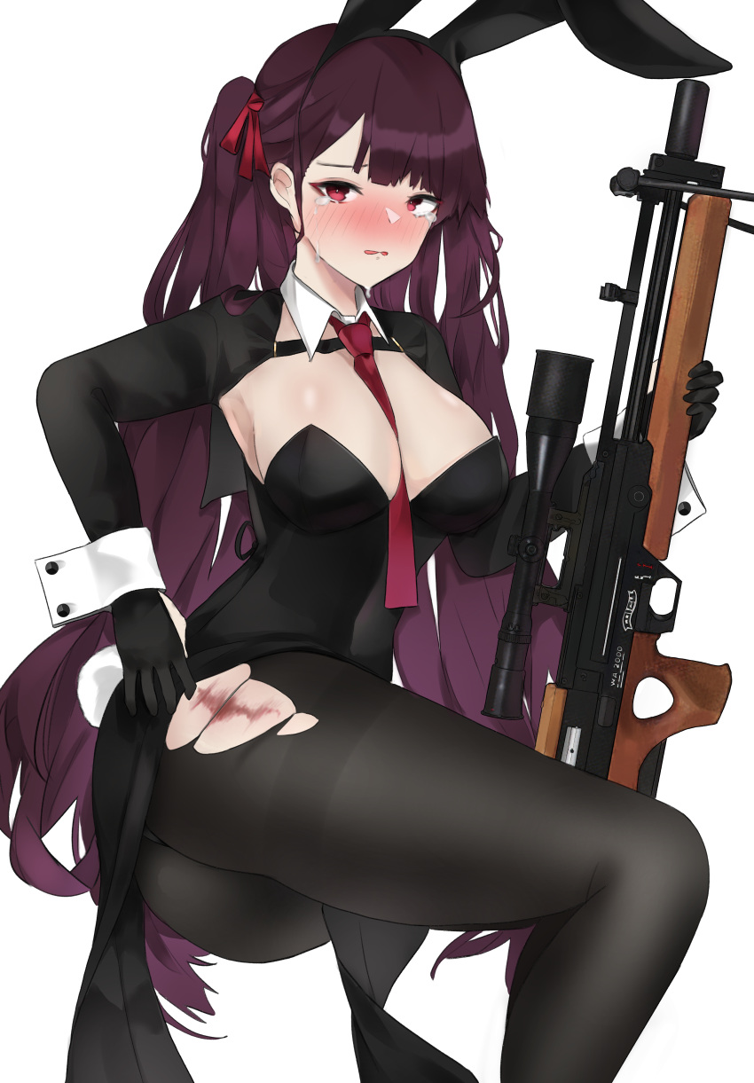 1girl absurdres alternate_costume animal_ears bangs between_breasts black_gloves black_legwear black_leotard blush breasts bullpup cleavage eyebrows_visible_through_hair fake_animal_ears feet_out_of_frame girls'_frontline gloves gun highres holding holding_gun holding_weapon leotard long_hair long_sleeves looking_at_viewer medium_breasts necktie necktie_between_breasts open_mouth pantyhose playboy_bunny purple_hair pz-15 rabbit_ears red_eyes red_necktie red_ribbon ribbon rifle side_ponytail sitting sniper_rifle sniper_scope solo tears torn_clothes torn_legwear wa2000_(girls'_frontline) walther walther_wa_2000 weapon white_background