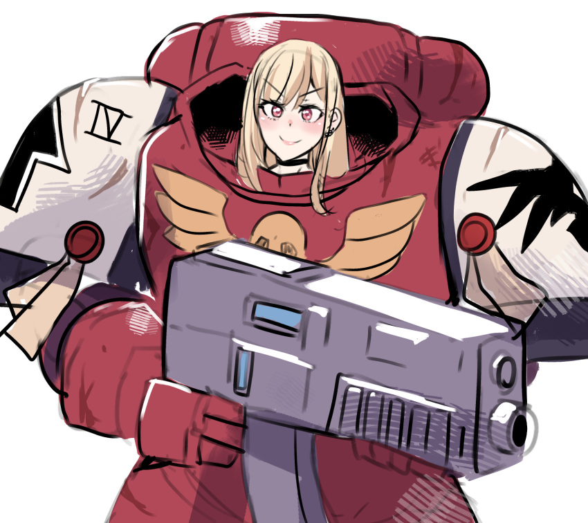 1girl adeptus_astartes black_choker blonde_hair bolter choker commentary crossover ear_piercing english_commentary eyebrows_visible_through_hair highres hinghoi kitagawa_marin long_hair looking_at_viewer namesake piercing pink_eyes power_armor simple_background sketch smile solo sono_bisque_doll_wa_koi_wo_suru v-shaped_eyebrows warhammer_40k weapon white_background