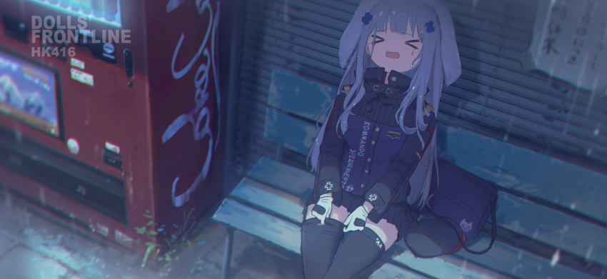 &gt;_&lt; 1girl adjusting_clothes adjusting_legwear alithea_jane bag bench black_legwear breasts character_name copyright_name cross dated_commentary feet_out_of_frame girls'_frontline gloves handbag hat hat_removed headwear_removed highres hk416_(girls'_frontline) iron_cross jacket long_hair long_sleeves looking_up medium_breasts open_mouth rain silver_hair sitting solo teardrop_tattoo tears towel towel_on_head vending_machine wet