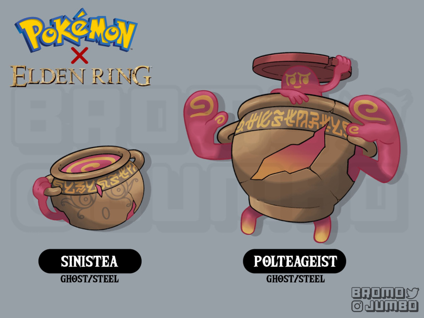 artist_name bromojumbo character_name copyright_name crack crossover elden_ring ghost grey_background highres jar looking_at_viewer no_humans pokemon polteageist sinistea