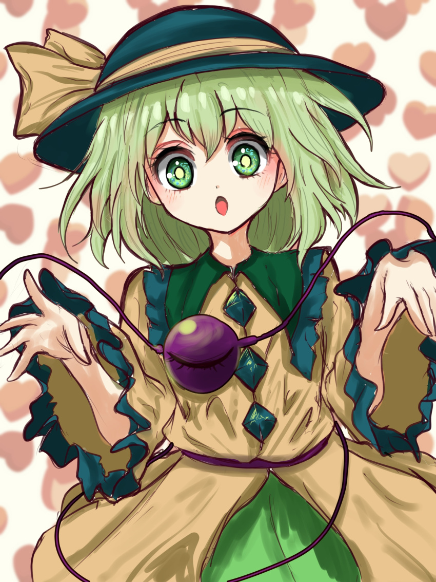 1girl :o black_headwear blouse blush bright_pupils buttons collared_blouse commentary_request cowboy_shot diamond_button eyeball eyebrows_visible_through_hair frilled_shirt_collar frilled_sleeves frills green_eyes green_hair green_skirt hair_between_eyes hat hat_ribbon heart heart_background highres kayon_(touzoku) komeiji_koishi long_sleeves looking_at_viewer medium_hair open_mouth ribbon simple_background skirt solo third_eye touhou wavy_hair white_background wide_sleeves yellow_blouse yellow_ribbon