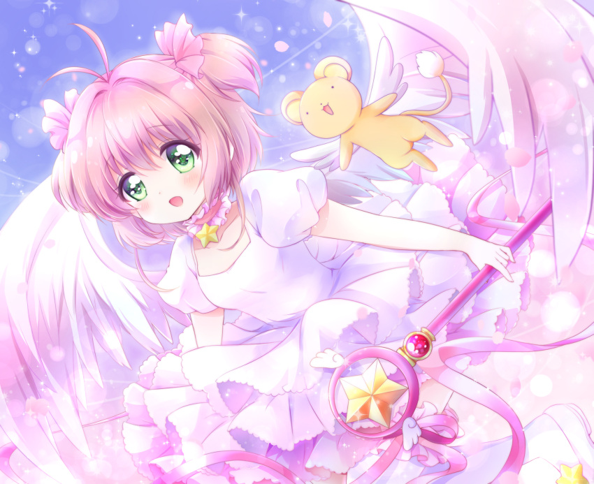 1girl ahoge angel_wings blush brown_hair cardcaptor_sakura chiika_(cure_cherish) choker dress eyebrows_visible_through_hair frilled_dress frills green_eyes highres holding holding_wand hoshi_no_tsue kero kinomoto_sakura looking_at_viewer magical_girl open_mouth puffy_short_sleeves puffy_sleeves short_sleeves single_thighhigh smile thighhighs wand white_dress wings