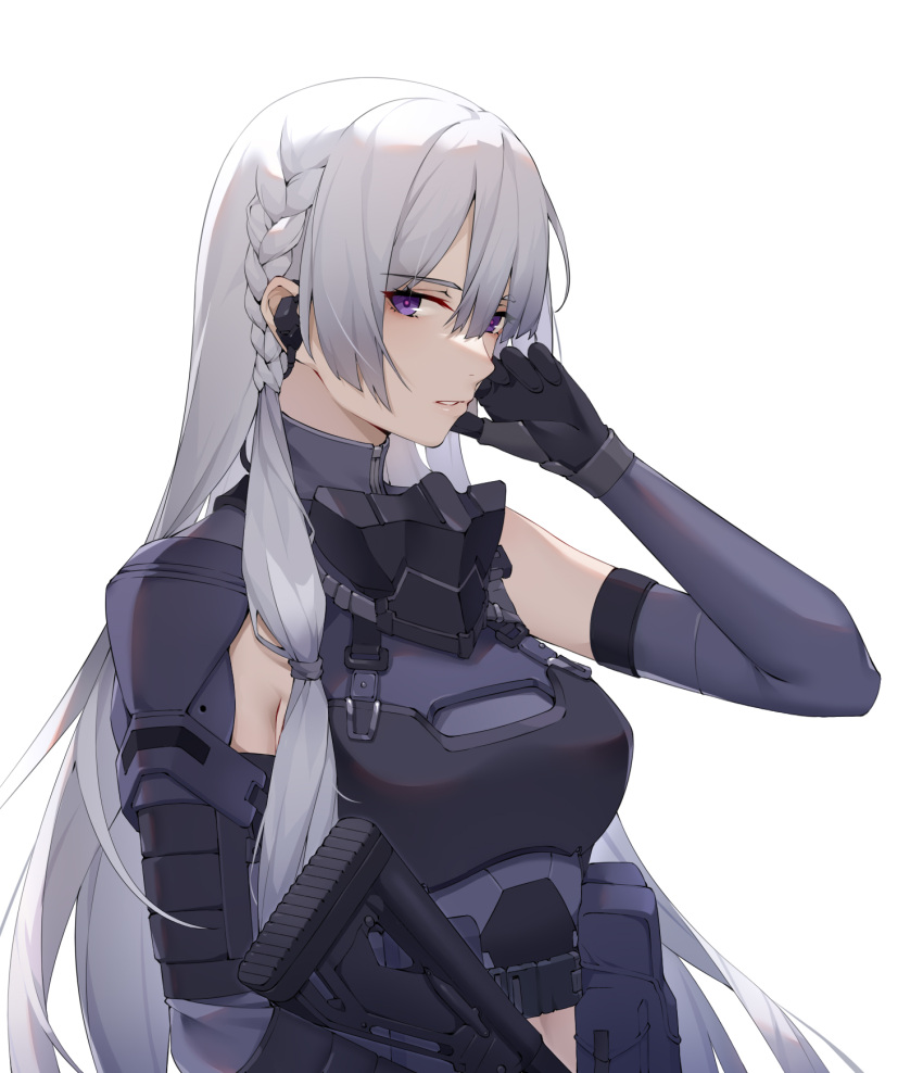 1girl ak-15 ak-15_(girls'_frontline) assault_rifle bangs black_gloves braid breasts earpiece elbow_gloves eyebrows_visible_through_hair girls'_frontline gloves gun hand_on_own_cheek hand_on_own_face highres holding holding_gun holding_weapon kalashnikov_rifle long_hair looking_at_viewer open_mouth parted_lips purple_eyes purple_gloves revision rifle side_braid silver_hair solo tactical_clothes upper_body weapon white_background wsfw
