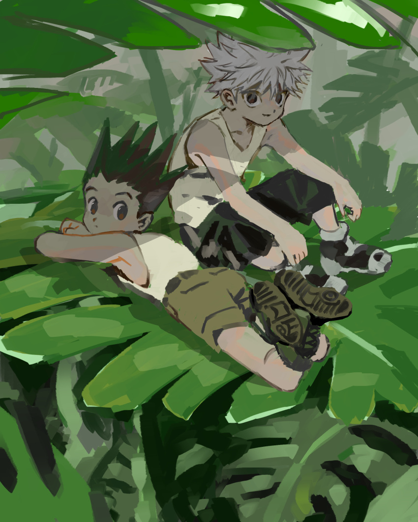 2boys absurdres black_eyes black_hair child gon_freecss green_theme highres hunter_x_hunter killua_zoldyck looking_back lying male_focus mito_tomiko multiple_boys nature on_stomach outdoors plant shoes shorts sitting sleeveless spiked_hair white_hair