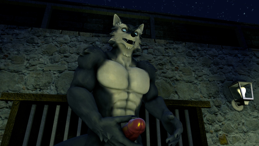 16:9 3d_(artwork) abs anthro blue_eyes canid canine canis digital_media_(artwork) female fur genitals grey_body grey_fur hand_on_penis lightbulb looking_at_viewer male mammal mikuomega night nude open_mouth outside penis solo source_filmmaker widescreen wolf wolf_(petruz)