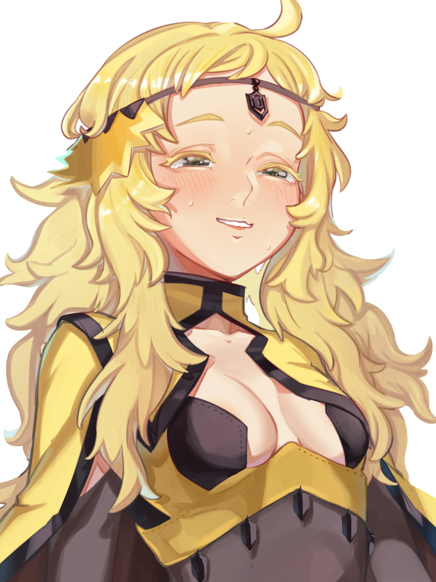 1girl absurdres ahoge asymmetrical_bangs bangs blonde_hair blush bodystocking breasts cape circlet closed_mouth commission commissioner_upload fire_emblem fire_emblem_fates grey_eyes highres long_hair medium_breasts misokatsuhaumai non-web_source ophelia_(fire_emblem) pantyhose solo sweat turtleneck upper_body