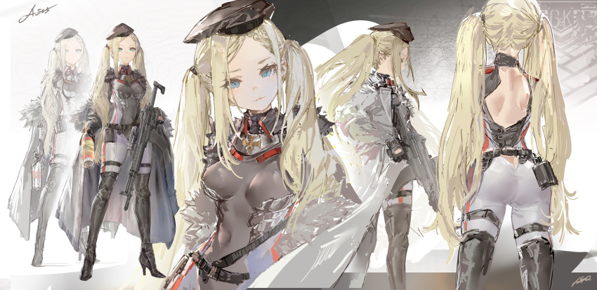 1girl a-545_(girls'_frontline) absurdres ass assault_rifle back bangs black_footwear black_gloves black_headwear black_legwear black_leotard blonde_hair blue_eyes bodysuit boots bottle breasts closed_mouth coat covered_navel from_behind frown full_body fur-trimmed_coat fur_trim girls'_frontline gloves grey_coat gun hat high_heel_boots high_heels highres holding holding_bottle holding_gun holding_weapon leotard long_hair looking_at_viewer medium_breasts messikid multiple_views off_shoulder parted_bangs rifle scope simple_background standing thigh_boots thighhighs trigger_discipline twintails very_long_hair weapon white_background