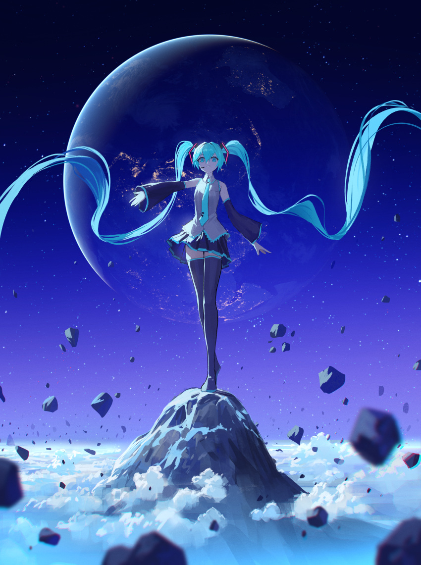 1girl absurdly_long_hair absurdres black_footwear black_legwear black_skirt black_sleeves blue_eyes blue_hair blue_necktie boots breast_pocket collared_shirt commentary detached_sleeves earth_(planet) eyebrows_visible_through_hair floating_hair full_body grey_shirt hair_between_eyes hatsune_miku headset highres long_hair looking_at_viewer necktie parted_lips planet pleated_skirt pocket rock rubble shirt skirt sky sleeveless sleeveless_shirt smile solo space star_(sky) starry_sky thigh_boots thighhighs twintails vertigris very_long_hair vocaloid