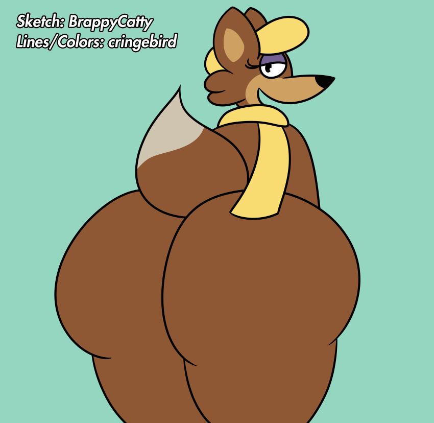 absurd_res anthro big_butt brown_body brown_fur butt canid canine canis clothing cringebird eyeshadow female fur green_background hanna-barbera hat headgear headwear hi_res huge_butt huge_thighs jellystone_(hbo_max) looking_at_viewer looking_back looking_back_at_viewer loopy_(loopy_de_loop) loopy_de_loop makeup mammal metaldorksolid multicolored_body multicolored_fur open_mouth scarf simple_background solo thick_thighs two_tone_body two_tone_fur wolf yellow_clothing yellow_hat yellow_headwear yellow_scarf