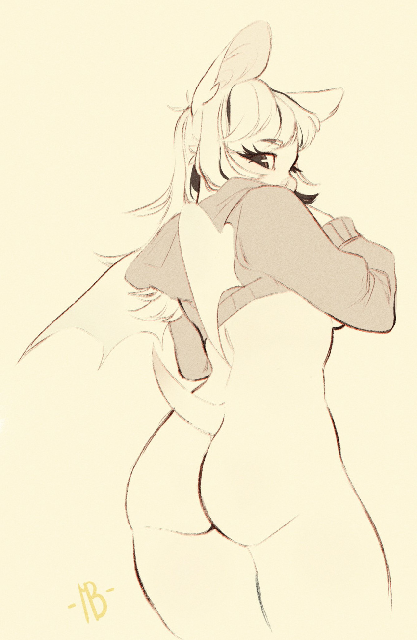 2020 anthro bottomless breasts butt chiropteran clothed clothing crop_hoodie digital_media_(artwork) female hair hi_res hoodie looking_at_viewer looking_back looking_back_at_viewer mammal mellonbun monochrome rear_view side_boob sketch solo standing topwear wings