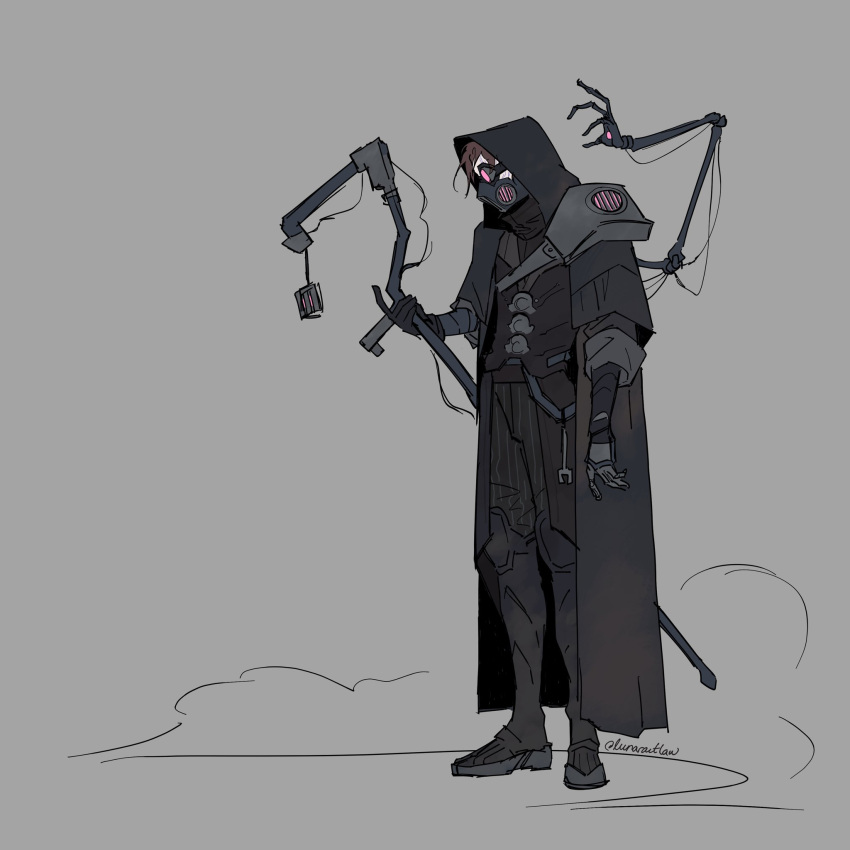 1boy arcane:_league_of_legends boots brown_hair brown_pants fingerless_gloves from_side full_body gloves goggles grey_background highres holding hood hood_up league_of_legends long_sleeves lunaroutlaw mask mouth_mask pants short_hair solo standing viktor_(league_of_legends)