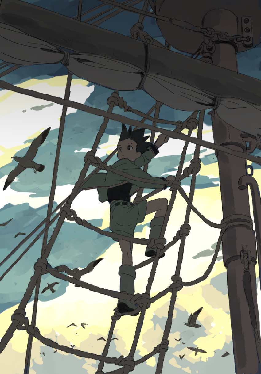 1boy bird black_hair boots climbing gon_freecss highres hunter_x_hunter jacket long_sleeves looking_afar male_focus mast mito_tomiko seagull shade ship shorts solo spiked_hair watercraft