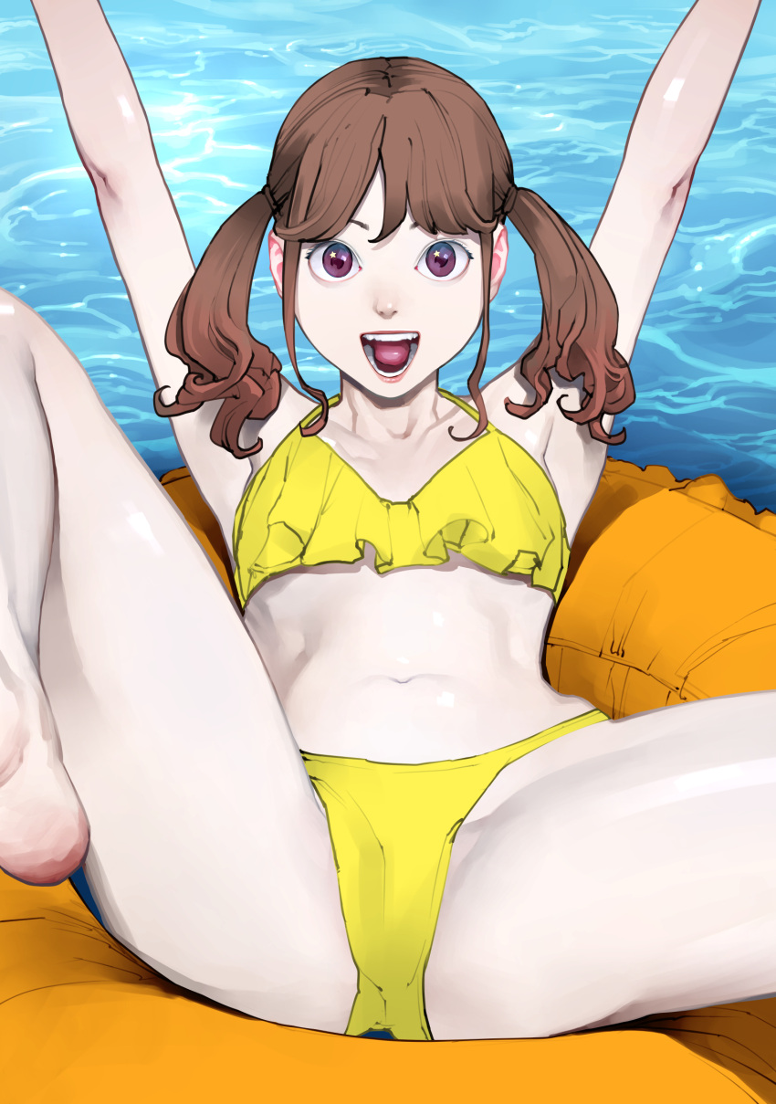 1girl :d afloat arms_up bangs bikini breasts brown_hair cameltoe frilled_bikini frills hair_tie halter_top halterneck highres inamitsu_shinji intel leg_up long_hair looking_at_viewer lying navel ocean on_back open_mouth original outdoors pale_skin purple_eyes reclining reward_available small_breasts smile solo spread_legs stomach swimsuit tareme teeth thighs twintails yellow_bikini