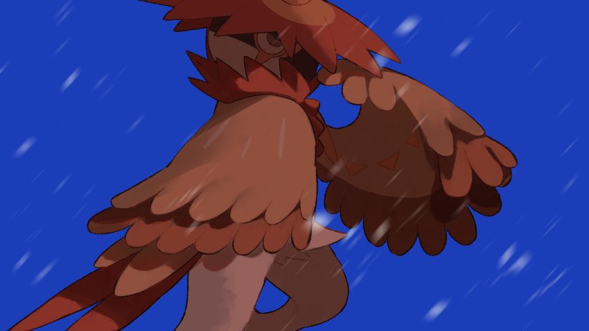 beak bird_tail blue_background body_fur brown_eyes brown_fur closed_mouth commentary_request from_side furry hand_up highres pokemon pokemon_(creature) red_headwear simple_background snowing solo tail v_(govvvvw) white_fur wings