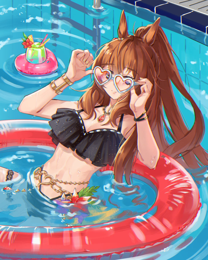 1girl adjusting_eyewear animal_ears bangs bikini black_bikini blue_eyes bracelet breasts brown_hair cleavage closed_mouth cocktail_glass cup drinking_glass drinking_straw frilled_bikini frills heart heart-shaped_eyewear heart-shaped_innertube highres horse_ears innertube jewelry long_hair looking_at_viewer maruzensky_(umamusume) medium_breasts multi-strapped_bikini navel partially_submerged pendant ponytail pool_ladder shidare_(youh4016) smile sunglasses swimsuit umamusume water wet