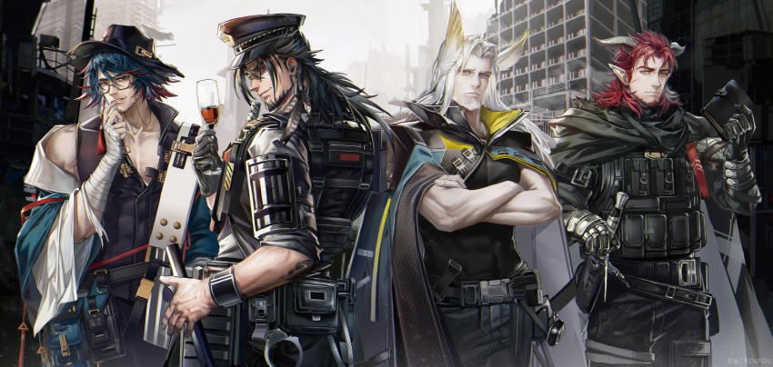 4boys absurdres animal_ears anjingkuxiao arknights bare_shoulders beard belt black_hair black_jacket blue_hair coat cup drinking_glass facial_hair glasses hand_to_lip hat hat_belt hellagur_(arknights) highres hoederer_(arknights) horns jacket jesselton_williams_(arknights) male_focus mature_male mr._nothing_(arknights) multiple_boys muscular muscular_male off_shoulder old pectoral_cleavage pectorals police police_hat police_uniform red_hair shirt silver_hair sleeveless sleeveless_shirt smile sword uniform weapon white_background wine_glass