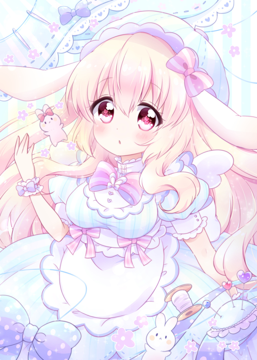 1girl animal_ears apron blonde_hair blue_dress blush bow breasts bunny chiika_(cure_cherish) dress eyebrows_visible_through_hair flower_(symbol) hat highres large_breasts long_hair looking_at_viewer open_mouth original pin pincushion pink_bow pink_eyes puffy_short_sleeves puffy_sleeves rabbit_ears short_sleeves solo solo_focus spool tareme very_long_hair wrist_cuffs