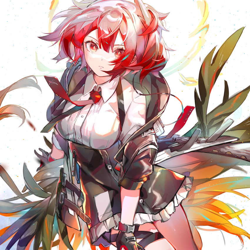 1girl absurdres animal_ears arknights bird_ears black_gloves black_jacket collared_shirt cowboy_shot feathers fiammetta_(arknights) gloves hair_between_eyes highres jacket looking_at_viewer miermere necktie off_shoulder open_clothes open_jacket red_eyes red_hair red_necktie scowl shirt solo v-shaped_eyebrows white_background white_shirt