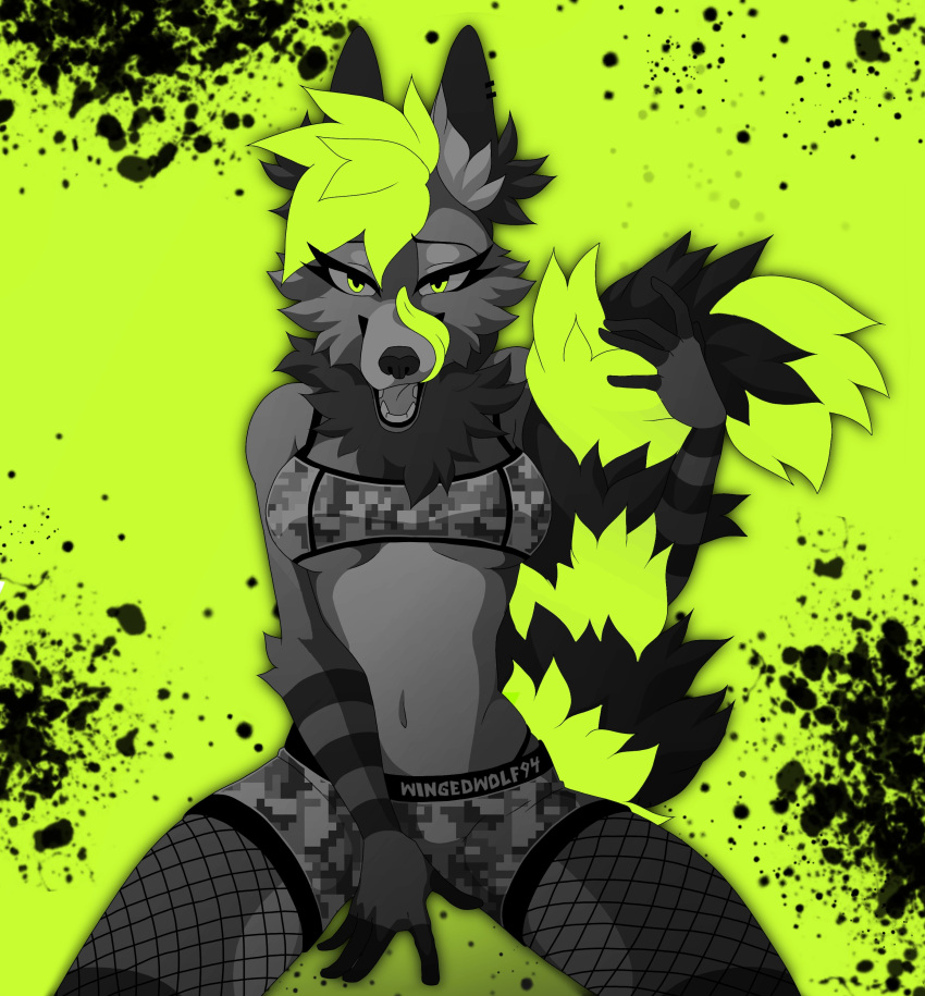2022 absurd_res anthro belly big_breasts bottomwear bra breasts camo camo_clothing camo_print canid canine canis clothed clothing colored digital_media_(artwork) female fishnet fishnet_legwear fur green_background green_body green_fur grey_body grey_fur hi_res legwear long_tongue looking_at_viewer makeup mammal multicolored_body multicolored_fur navel neck_tuft pattern_clothing shaded shorts simple_background solo spread_legs spreading tongue tongue_out tuft underwear wingedwolf94 wolf