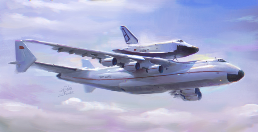 absurdres aircraft airplane antonov_an-225 cloud engine flying highres jeffholy original soviet space_craft space_shuttle