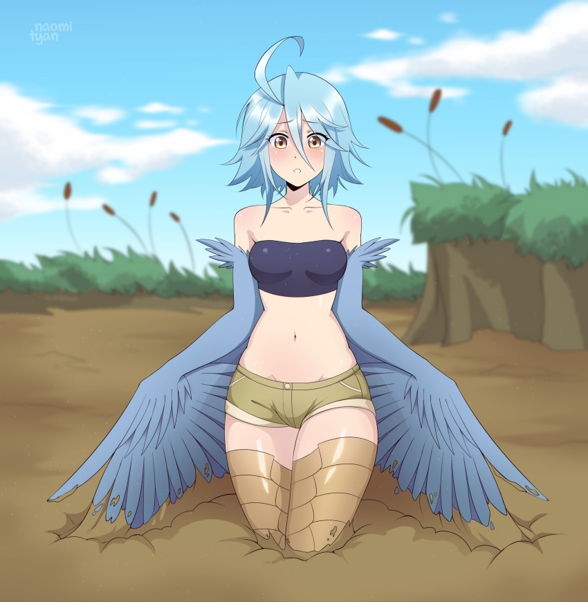 absurd_res ahoge animal_humanoid avian avian_humanoid blue_hair blush bottomwear breasts clothing european_mythology eyebrow_through_hair eyebrows eyelashes feathered_wings feathers female grass greek_mythology hair harpy hi_res humanoid looking_at_viewer midriff monster_girl_(genre) monster_musume mud mythological_avian mythology naomi-tyan navel outside papi_(monster_musume) plant quicksand short_hair shorts sinking small_breasts solo stuck topwear translucent translucent_hair tube_top wings