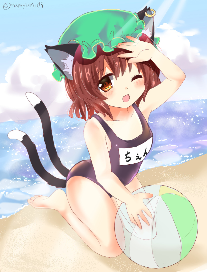 1girl ;d alternate_costume animal_ear_fluff animal_ears arm_up ball bangs bare_shoulders barefoot beachball blush breasts brown_eyes brown_hair cat_ears cat_tail chen cloud collarbone cumulonimbus_cloud day earrings eyebrows_visible_through_hair fang hand_on_forehead hat highres horizon jewelry kneeling light_rays looking_at_viewer medium_hair mob_cap multiple_tails nekomata one-piece_swimsuit one_eye_closed open_mouth outdoors ramudia_(lamyun) see-through single_earring skin_fang small_breasts smile solo swimsuit tail toes touhou two_tails water