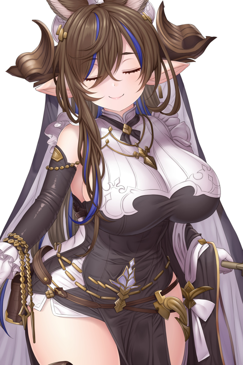 1girl absurdres animal_ears asamura_hiori bangs bare_shoulders black_dress black_legwear blush breasts brown_hair closed_eyes closed_mouth commentary_request detached_sleeves dress extra_ears facing_viewer galleon_(granblue_fantasy) granblue_fantasy highres horns large_breasts long_hair long_sleeves pelvic_curtain pointy_ears revision simple_background smile solo thighhighs thighs very_long_hair white_background