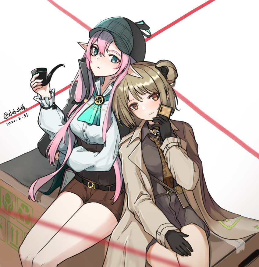 2girls aqua_eyes bangs belt black_choker black_cloak black_corset black_gloves blush breasts brown_coat brown_dress brown_necktie brown_shorts cellphone choker cloak closed_mouth coat corset dated double_bun dress em-2_(girls'_frontline) em-2_(silver_bullet)_(girls'_frontline) eyebrows_visible_through_hair feet_out_of_frame girls'_frontline gloves highres holding holding_phone holding_pipe light_brown_eyes light_brown_hair long_hair looking_at_viewer medium_breasts monocle multiple_girls necktie official_alternate_costume open_clothes open_coat p90_(girls'_frontline) p90_(the_girl_from_b.e.l)_(girls'_frontline) phone pink_hair pipe pointy_ears sakatakin shirt short_hair shorts simple_background sitting smartphone smile white_shirt