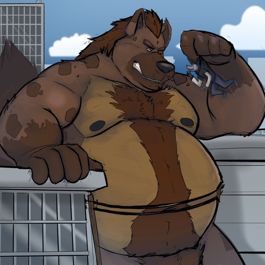 1:1 2022 anthro belly bottomwear brown_body brown_fur building carrying clothing cloud detailed_background didelphid dippubear duo fur hi_res humanoid_hands hyaenid macro male mammal marsupial moobs nipples outside overweight overweight_male pants shirt size_difference topwear