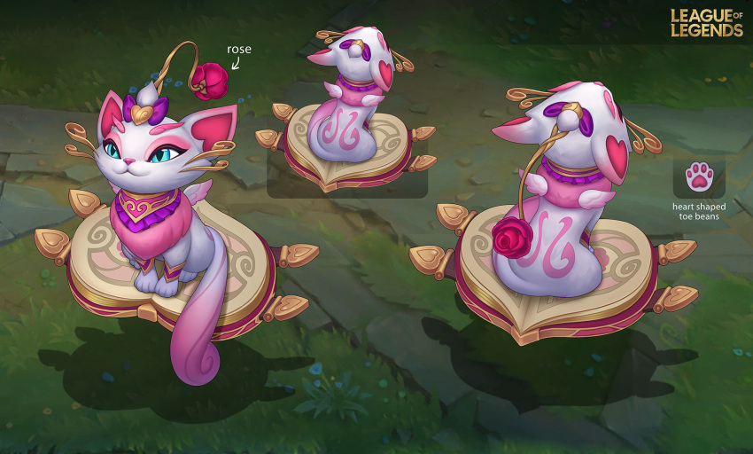 animal blue_eyes bow cat copyright_name english_commentary floating floating_object flower fur_collar hair_bow heart heartseeker_yuumi highres league_of_legends outdoors purple_bow rose smile vegacolors yuumi_(league_of_legends)