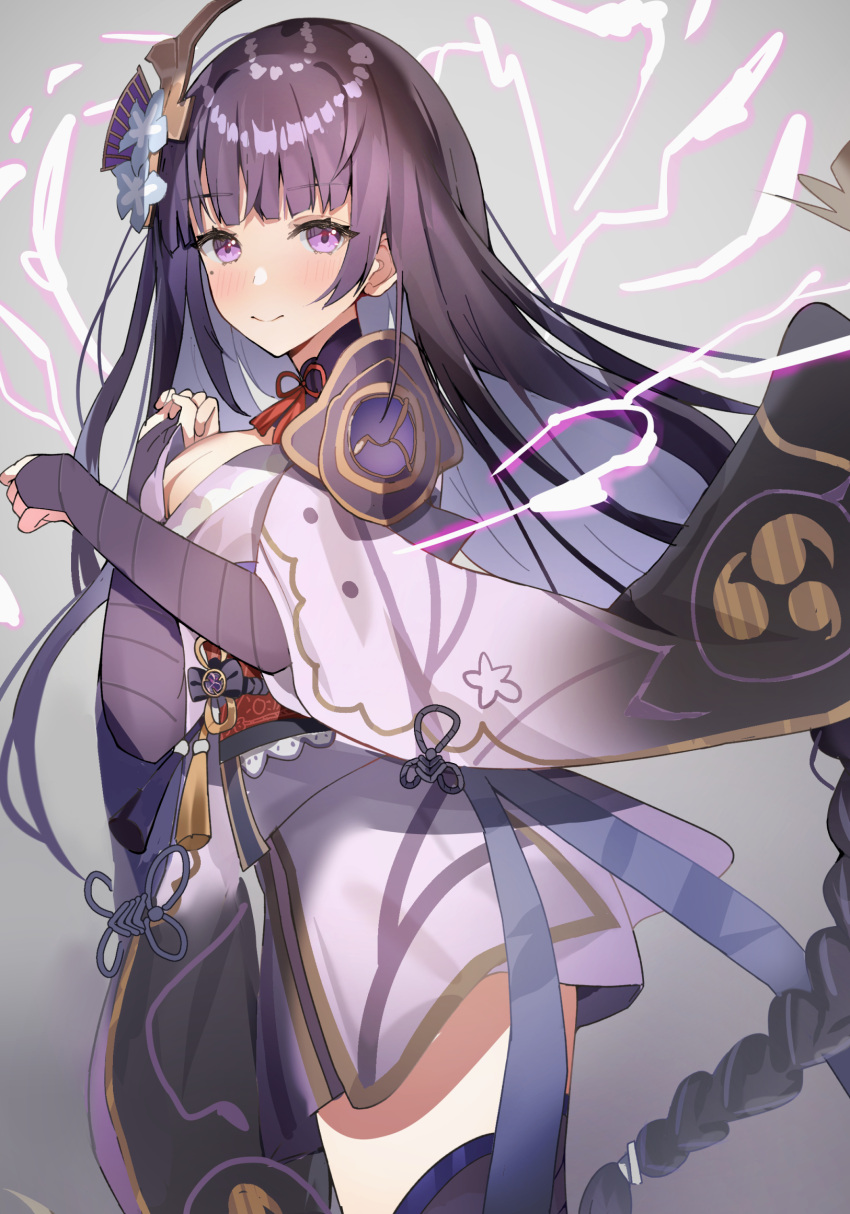 1girl aa44 bangs blunt_bangs blush braid braided_ponytail breasts cleavage electricity genshin_impact highres japanese_clothes kimono long_hair looking_at_viewer medium_breasts mole mole_under_eye purple_eyes purple_hair raiden_shogun smile thighhighs