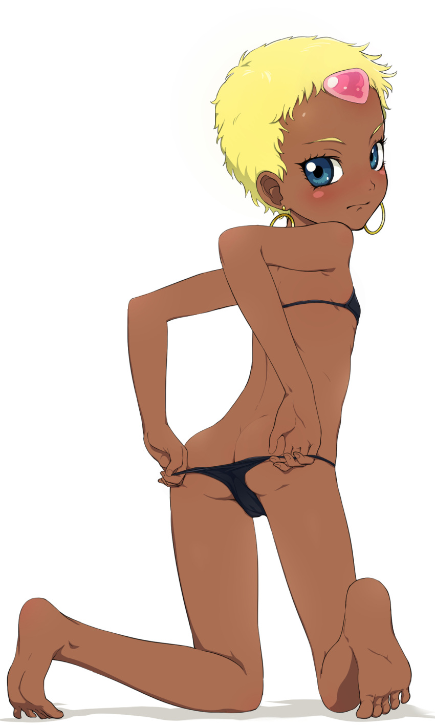 1girl ass bare_arms bikini bikini_pull black_bikini blonde_hair blue_eyes blush butt_crack chat_(tales) clothes_pull commentary_request dark-skinned_female dark_skin earrings feet highres jewelry looking_at_viewer looking_back nanina_(nijnan) short_hair simple_background soles solo swimsuit tales_of_(series) tales_of_eternia very_short_hair white_background