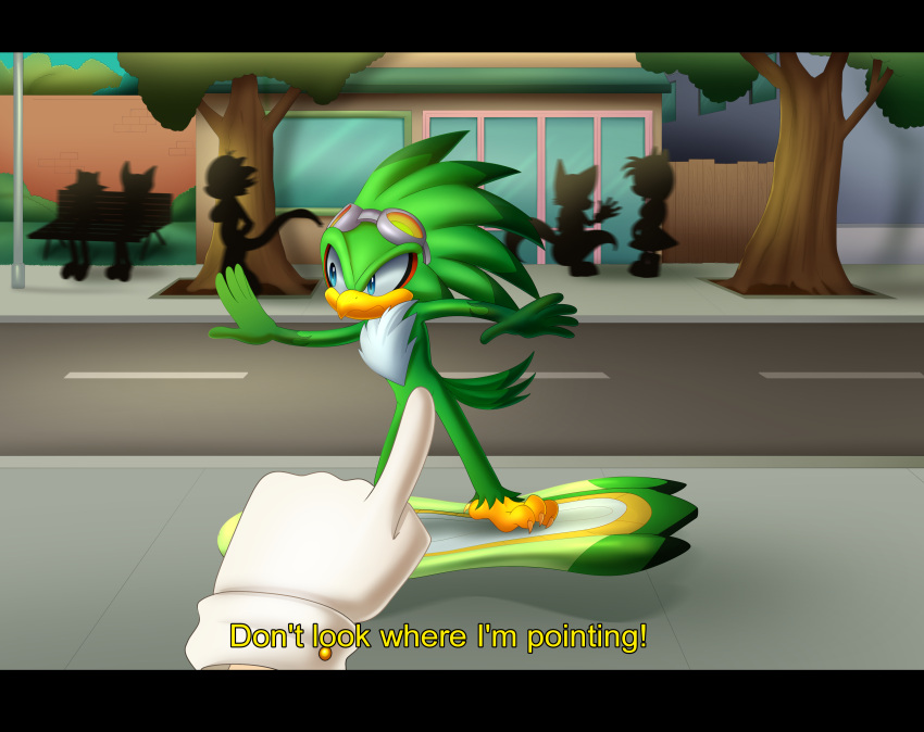 absurd_res anthro apinkgrape avian background_character black_bars chest_tuft convenient_censorship english_text extreme_gear eyewear eyewear_only fingers goggles goggles_only green_body hi_res jet_the_hawk letterbox male nude public public_nudity sega solo sonic_riders sonic_the_hedgehog_(series) text tuft