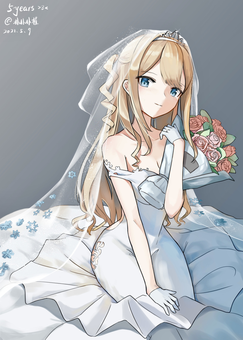 1girl absurdres bangs bare_shoulders blonde_hair blue_eyes bouquet braid breasts bridal_veil cleavage closed_mouth collarbone crown_braid dated dress eyebrows_visible_through_hair flower girls'_frontline gloves highres holding holding_bouquet holding_flower jewelry long_hair looking_at_viewer medium_breasts official_alternate_costume ring sakatakin simple_background sitting smile solo suomi_(blissful_mission)_(girls'_frontline) suomi_(girls'_frontline) veil wedding_band wedding_dress white_dress white_gloves