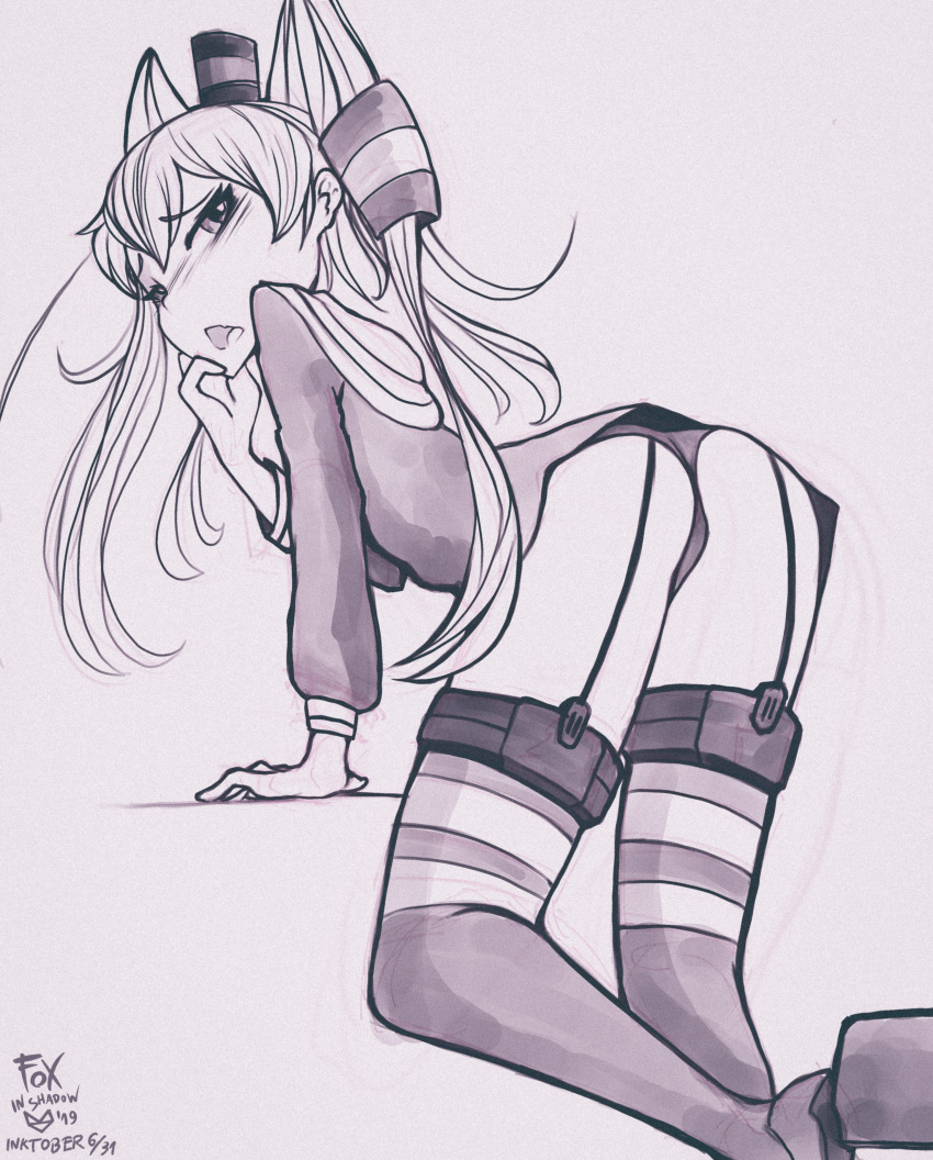 1girl absurdres amatsukaze_(kancolle) bangs bent_over blush dress foxinshadow garter_straps hair_ornament hat highres inktober kantai_collection long_hair looking_at_viewer panties sailor_dress sketch solo striped striped_legwear thighhighs underwear