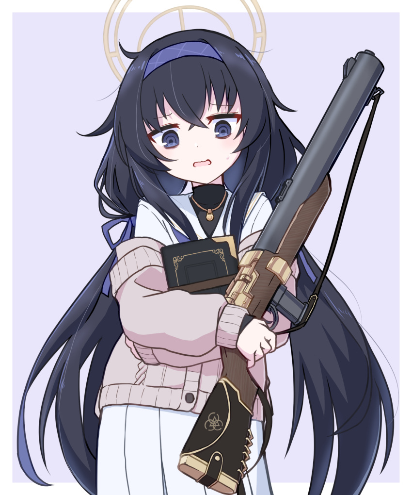 1girl black_eyes black_hair blue_archive blue_hairband book border cowboy_shot de_lisle_carbine gradient gradient_background grey_background gun hairband highres jewelry low_twintails necklace open_mouth paskmel skirt solo twintails ui_(blue_archive) weapon white_border white_skirt