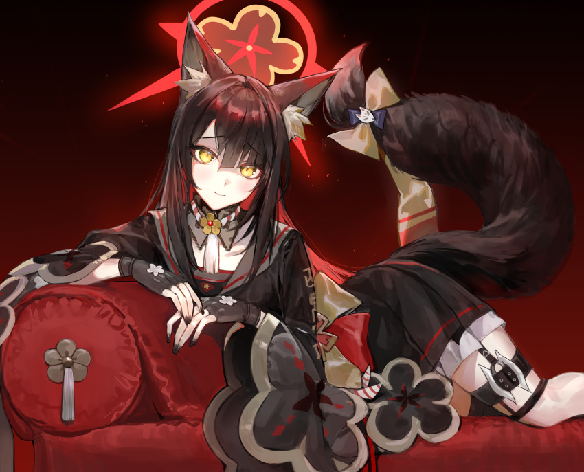 1girl absurdres animal_ear_fluff animal_ears asymmetrical_bangs bangs black_gloves black_kimono black_nails blue_archive blush bow brown_hair closed_mouth colored_inner_hair couch eyebrows_visible_through_hair feet_out_of_frame fingerless_gloves floral_print fox_ears fox_girl fox_tail garter_straps gloves glowing grey_sailor_collar halo highres japanese_clothes kimono kneehighs light_blush light_particles long_hair long_sleeves looking_at_viewer lying moko_(moko/moko) multicolored_hair on_stomach print_kimono red_hair sailor_collar simple_background smile solo tail tail_bow tail_ornament tassel thigh_strap two-tone_hair wakamo_(blue_archive) white_legwear wide_sleeves yellow_eyes