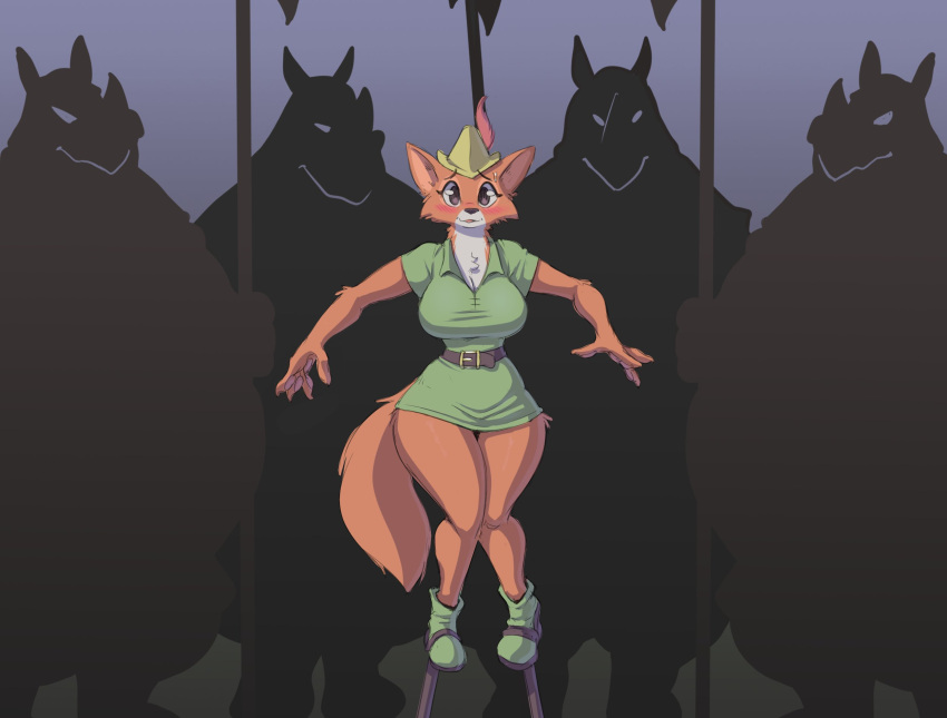 anthro breasts canid canine clothed clothing cooliehigh crossgender female fox fur glush hi_res mammal mtf_crossgender multicolored_body multicolored_fur orange_body orange_fur rhinocerotoid robin_hood two_tone_body two_tone_fur