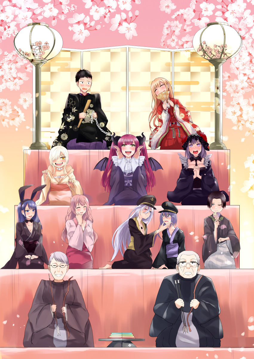 absurdres black_hair black_lobelia blonde_hair chain character_request closed_eyes demon_girl gojou_wakana grey_hair hat heart heart-shaped_pupils highres hinamatsuri japanese_clothes kimono kitagawa_marin kuroe_shizuku long_hair maid peach_blossom pink_hair purple_hair short_hair smile sono_bisque_doll_wa_koi_wo_suru symbol-shaped_pupils yukata zetsuki_(theendoftheworid)